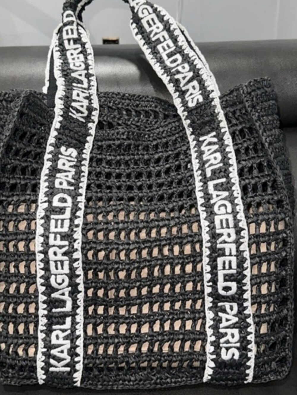 Karl Lagerfeld Antibes Black Crochet Straw Tote with White Branded Straps NWT